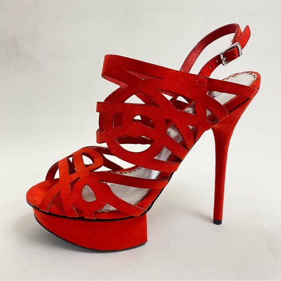 BEBE Red Platform Heeled Sandals Pumps 7 M Open Toe Ankle Strap Heels Stiletto - Picture 8 of 14